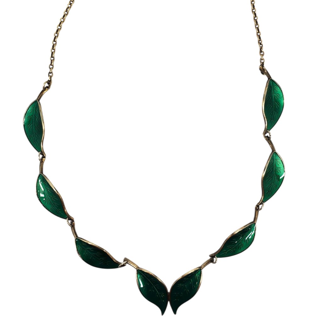 David Andersen Norway Sterling Silver Gold Vermeil Enamel Leaf Necklace #23800
